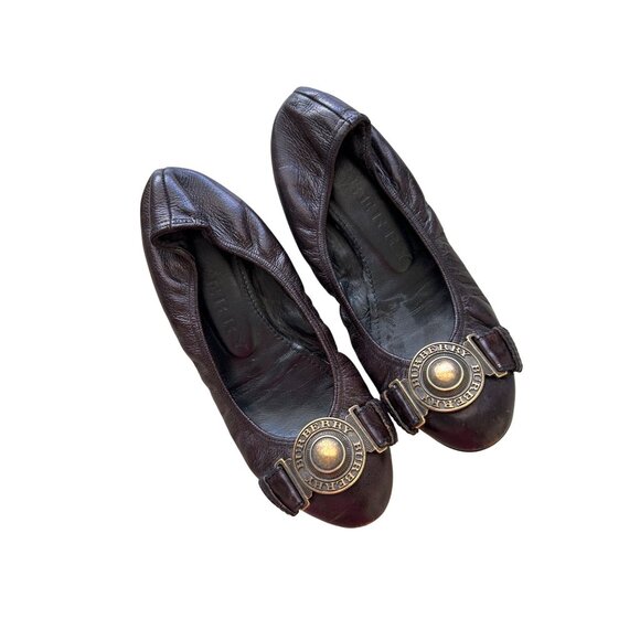 Burberry Womens Leather Ballet Flats With Gold Logo Buckle Brown Size 37 - Picture 1 of 11